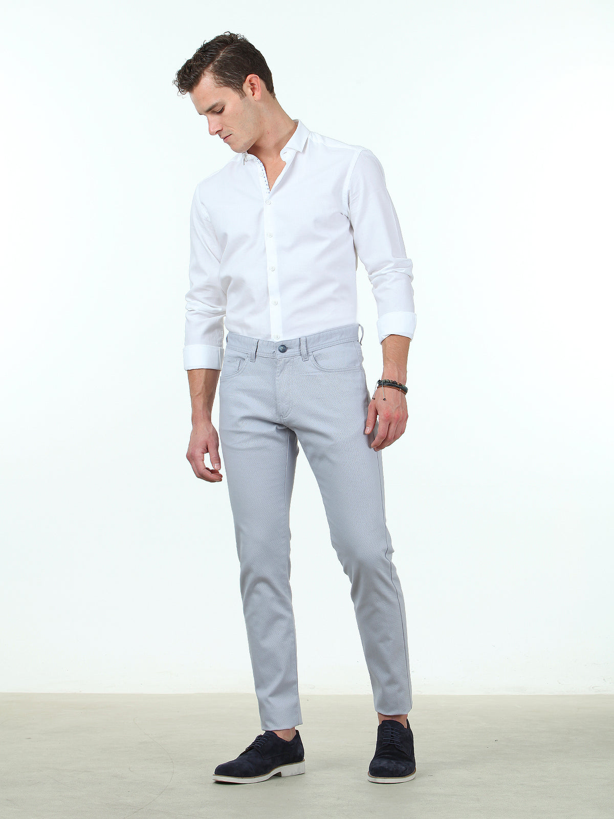 Açık Mavi Düz Dokuma Slim Fit Casual Pamuk Karışımlı Pantolon