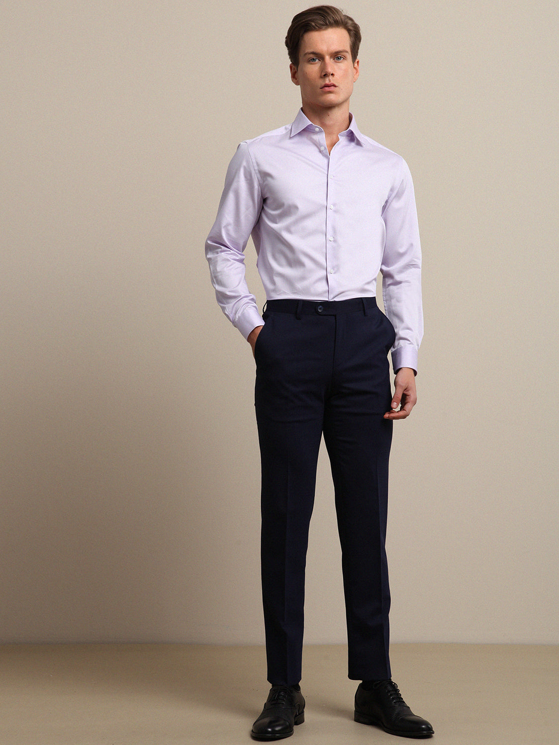 Lila Düz Slim Fit Uzun Dokuma Klasik %100 Pamuk Gömlek