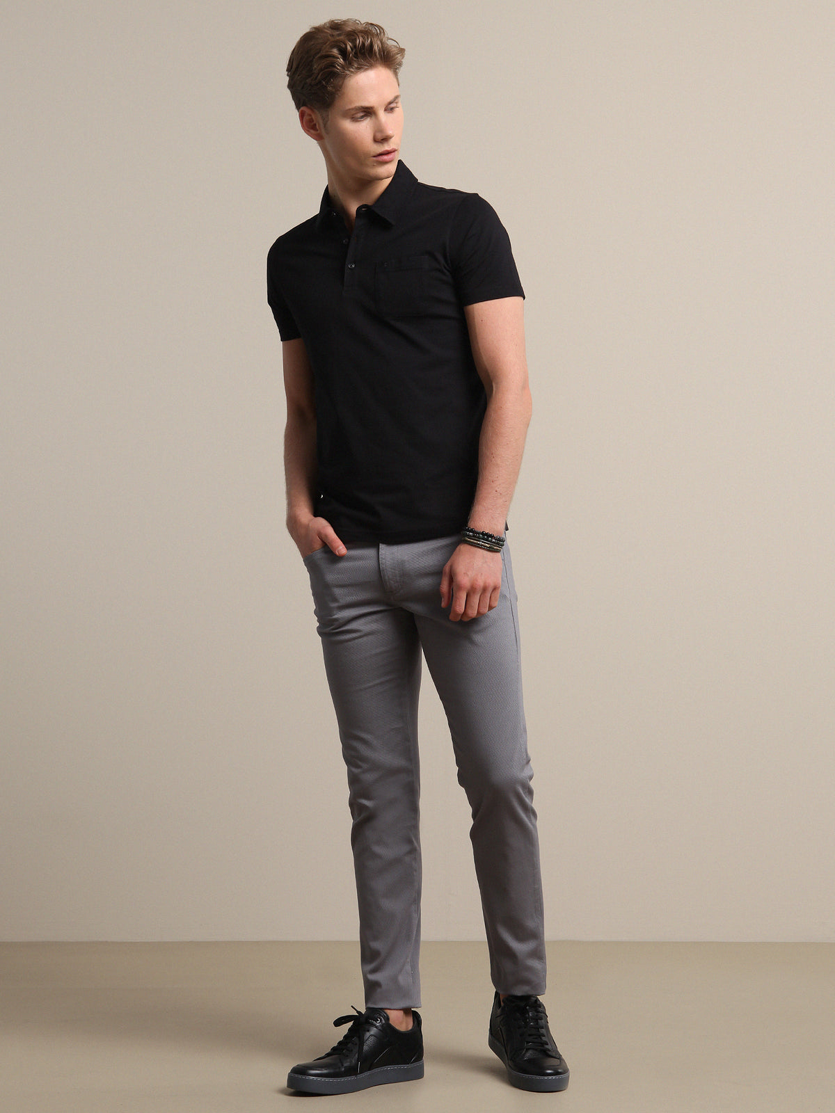 Gri Düz Dokuma Slim Fit Casual Pamuk Karışımlı Pantolon