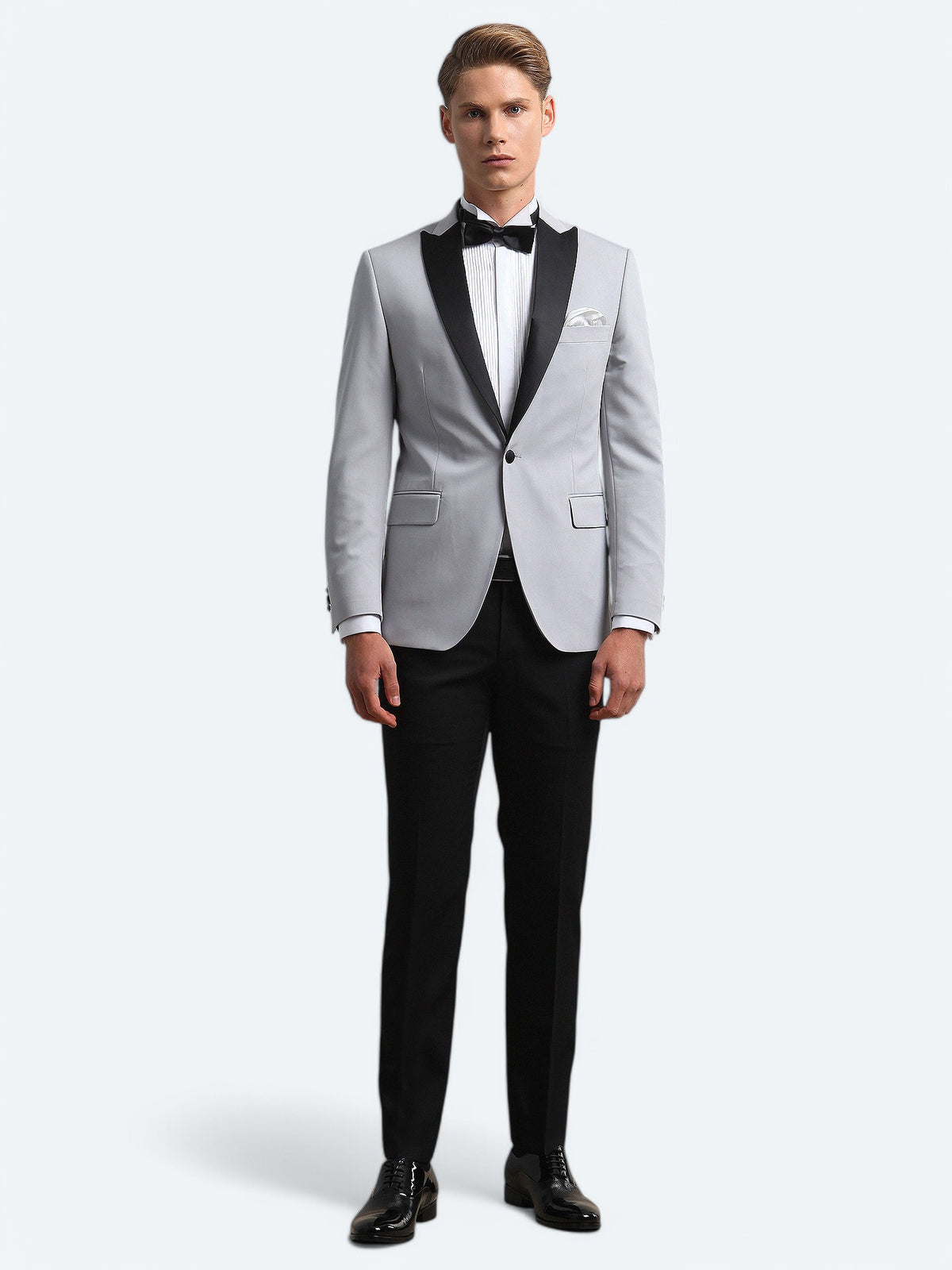 Açık Gri Slim Fit Kelebek Yaka Dokuma Smokin Takım Elbise