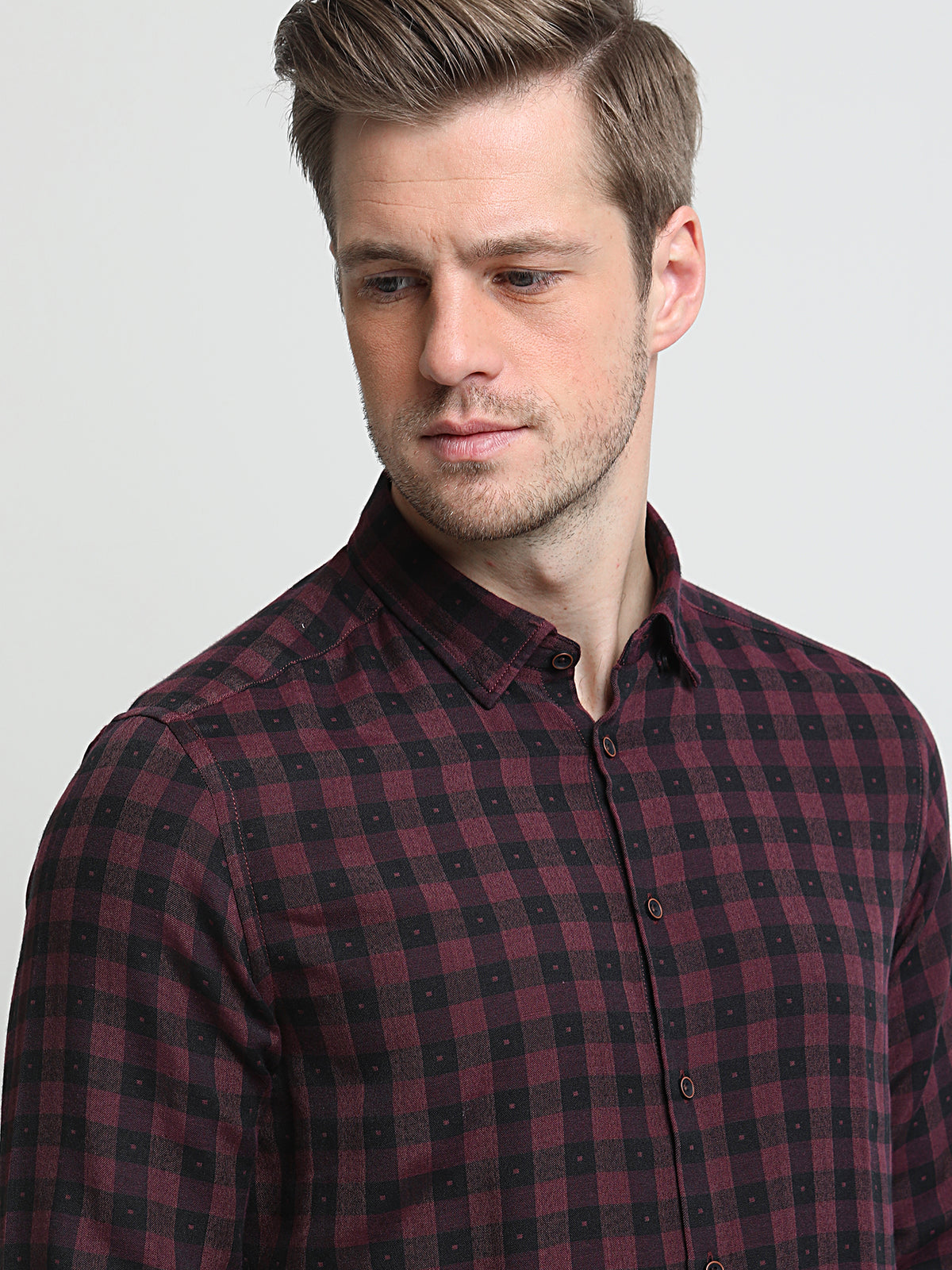 Bordo Kareli Regular Fit Uzun Dokuma Casual %100 Pamuk Gömlek