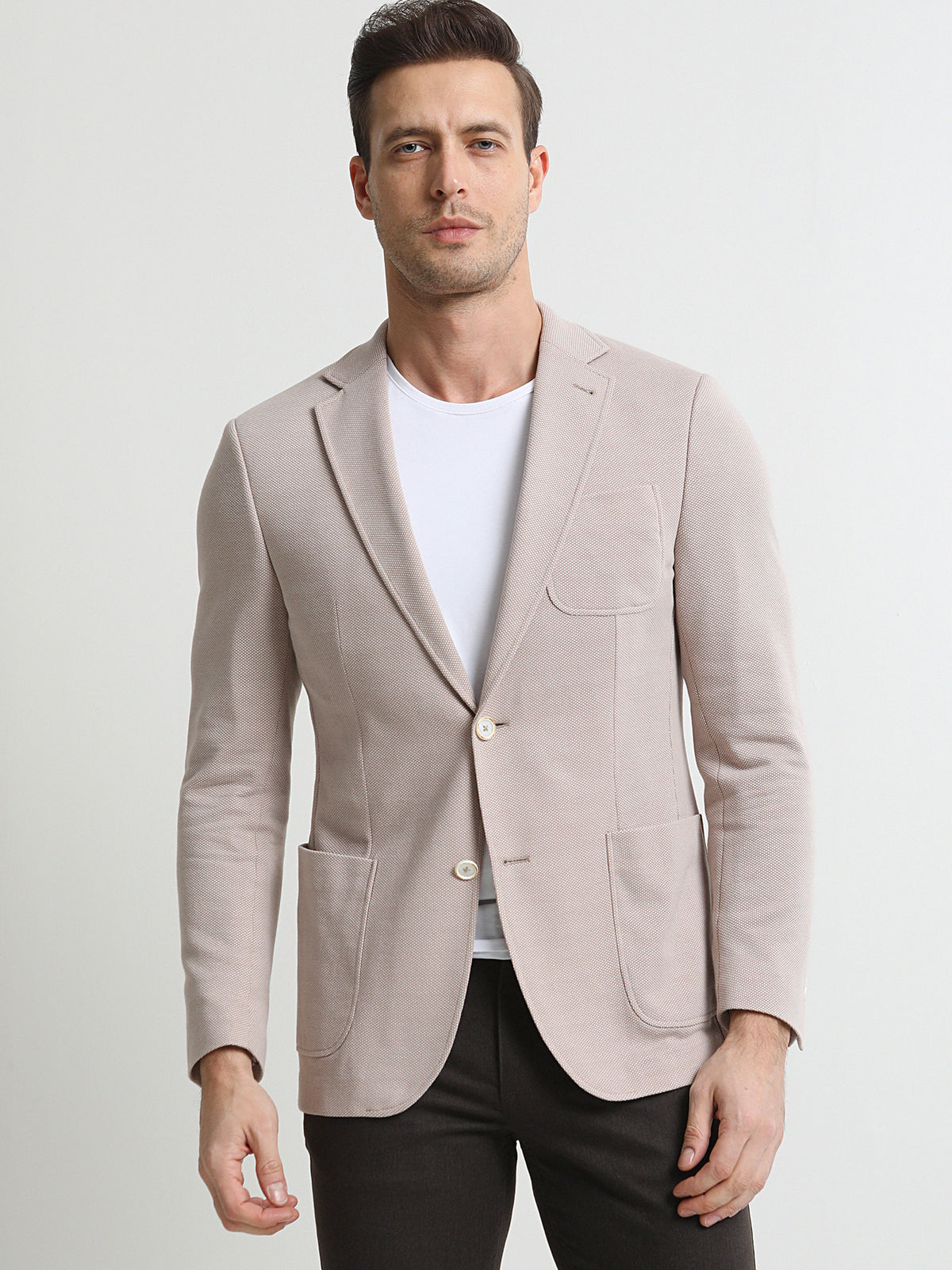 Bej Mikro Modern Fit Pamuk Karışımlı Örme Ceket