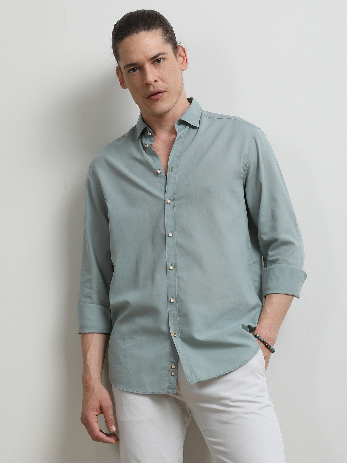 Mint Düz Regular Fit Uzun Dokuma Casual %100 Pamuk Gömlek