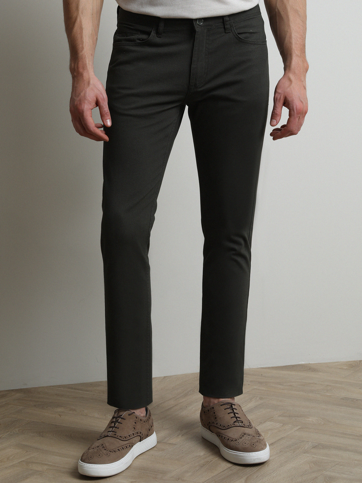 Haki Düz Dokuma Slim Fit Casual Pamuk Karışımlı Pantolon