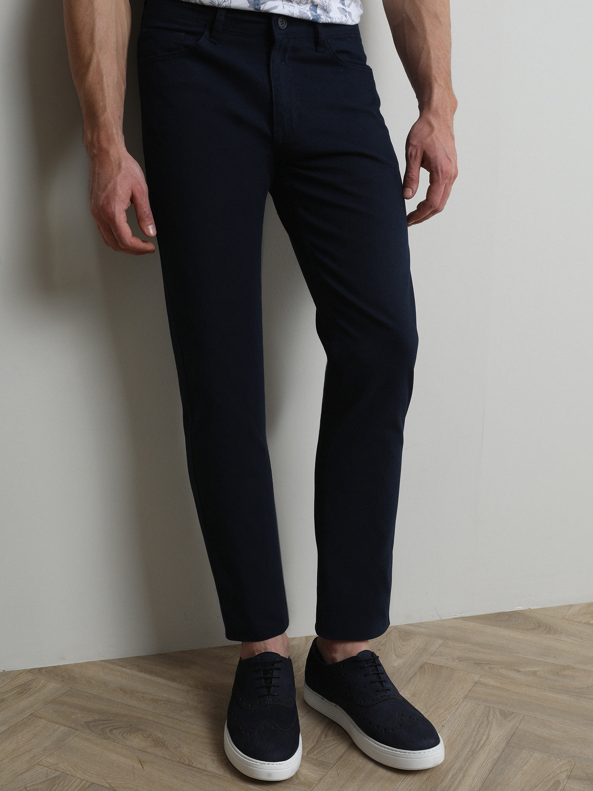 Lacivert Düz Dokuma Slim Fit Casual Pamuk Karışımlı Pantolon