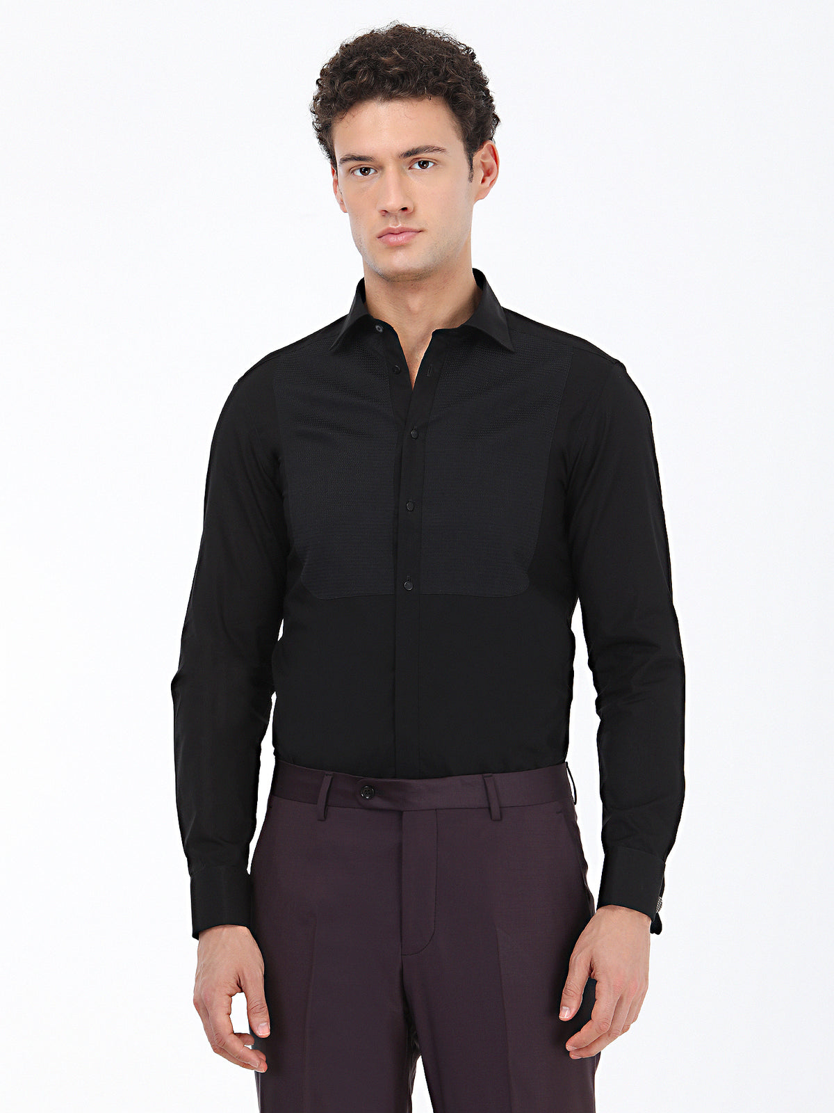 Siyah Düz Slim Fit Duble Manşet Klasik Yaka Smokin Gömlek