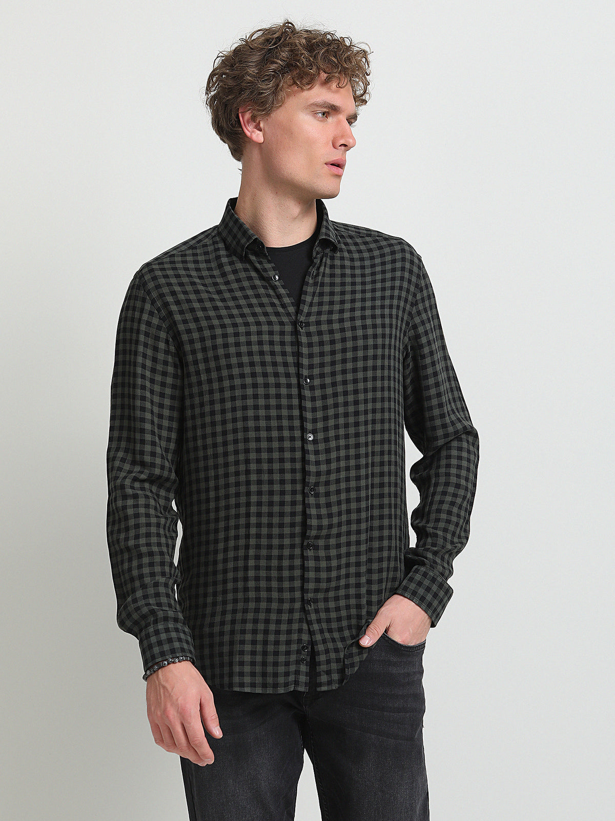 Haki Kareli Regular Fit Uzun Dokuma Casual %100 Yün Gömlek
