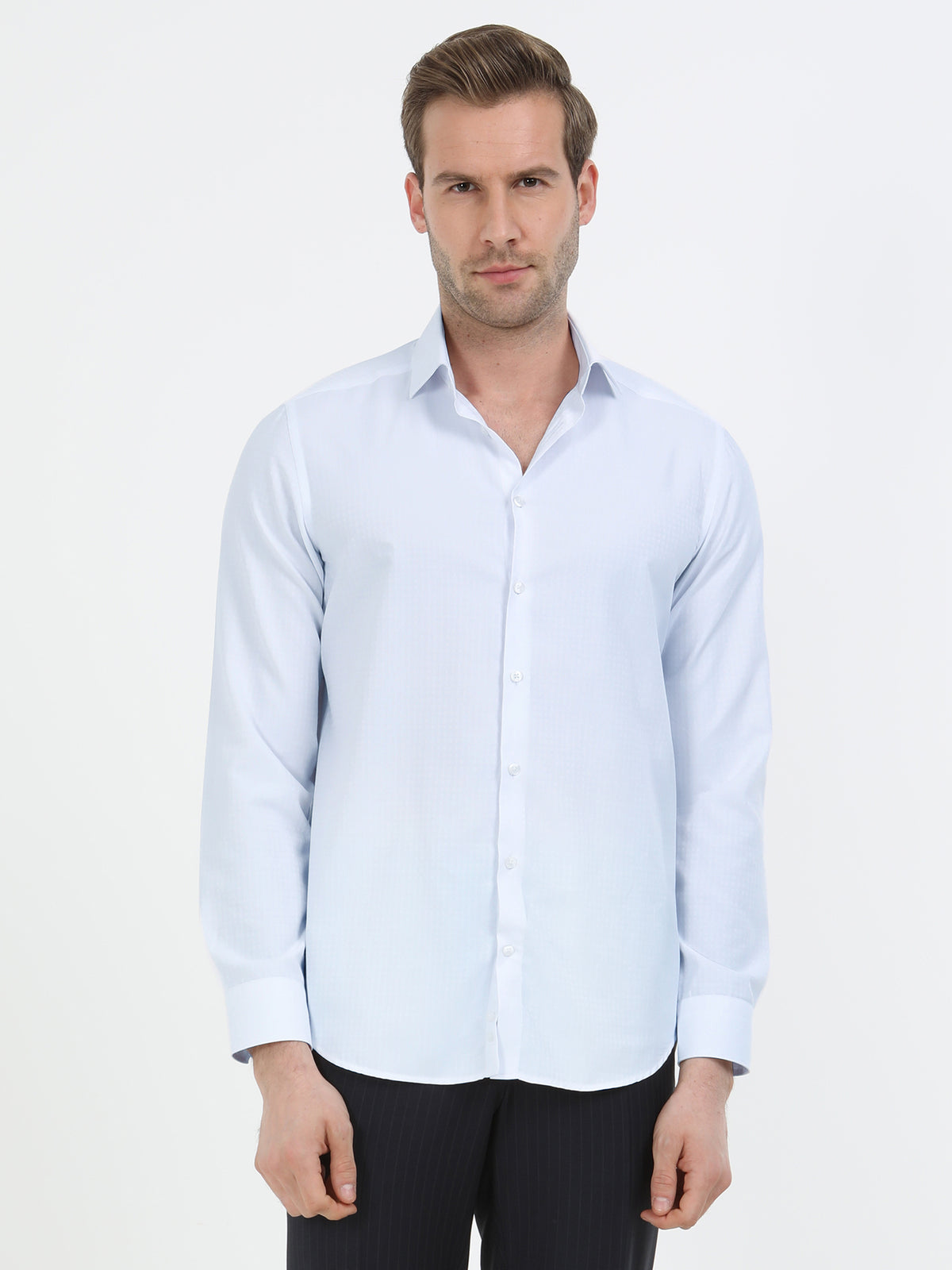 Açık Mavi Mikro Slim Fit Uzun Dokuma Klasik Pamuk Karışımlı Gömlek