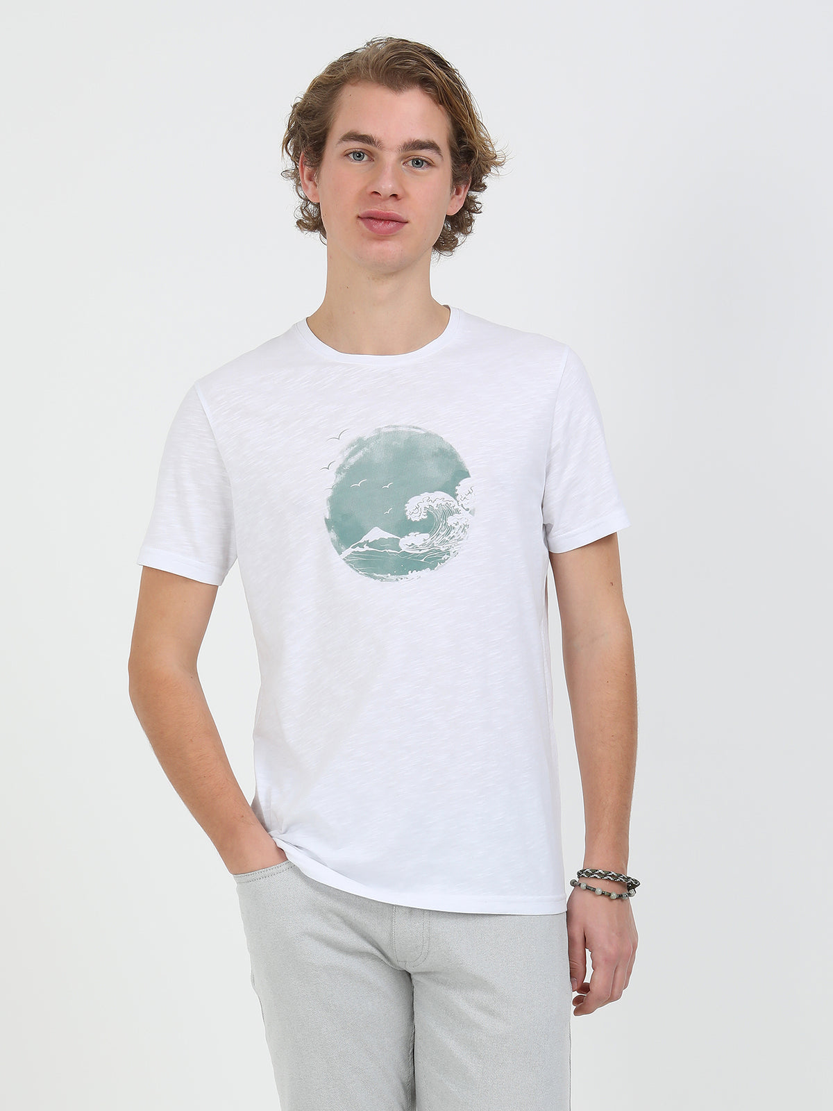 Mint Baskılı Bisiklet Yaka %100 Pamuk T-Shirt