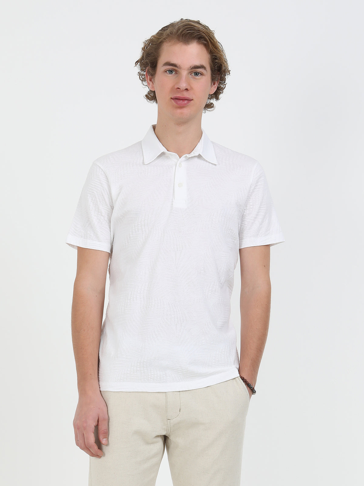 Beyaz Jakarlı Polo Yaka %100 Pamuk T-Shirt
