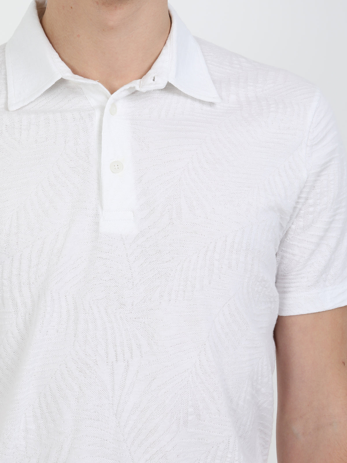 Beyaz Jakarlı Polo Yaka %100 Pamuk T-Shirt