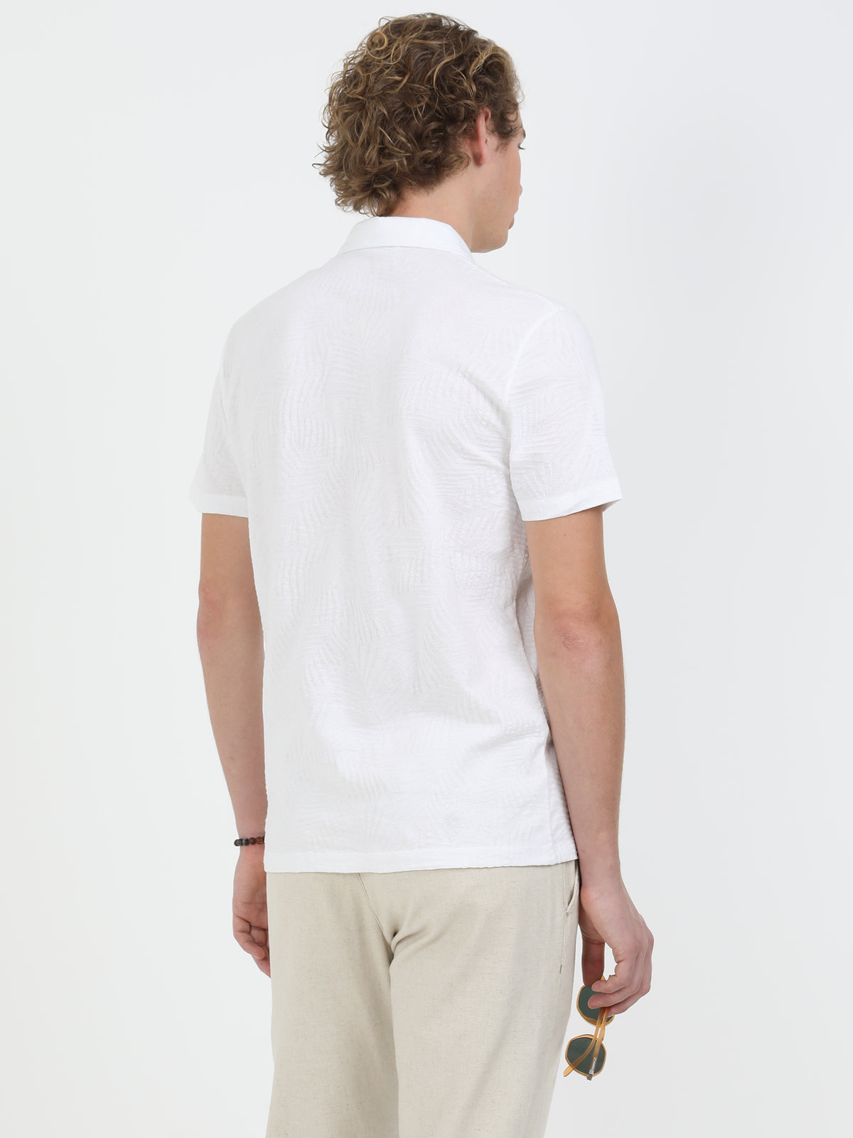 Beyaz Jakarlı Polo Yaka %100 Pamuk T-Shirt
