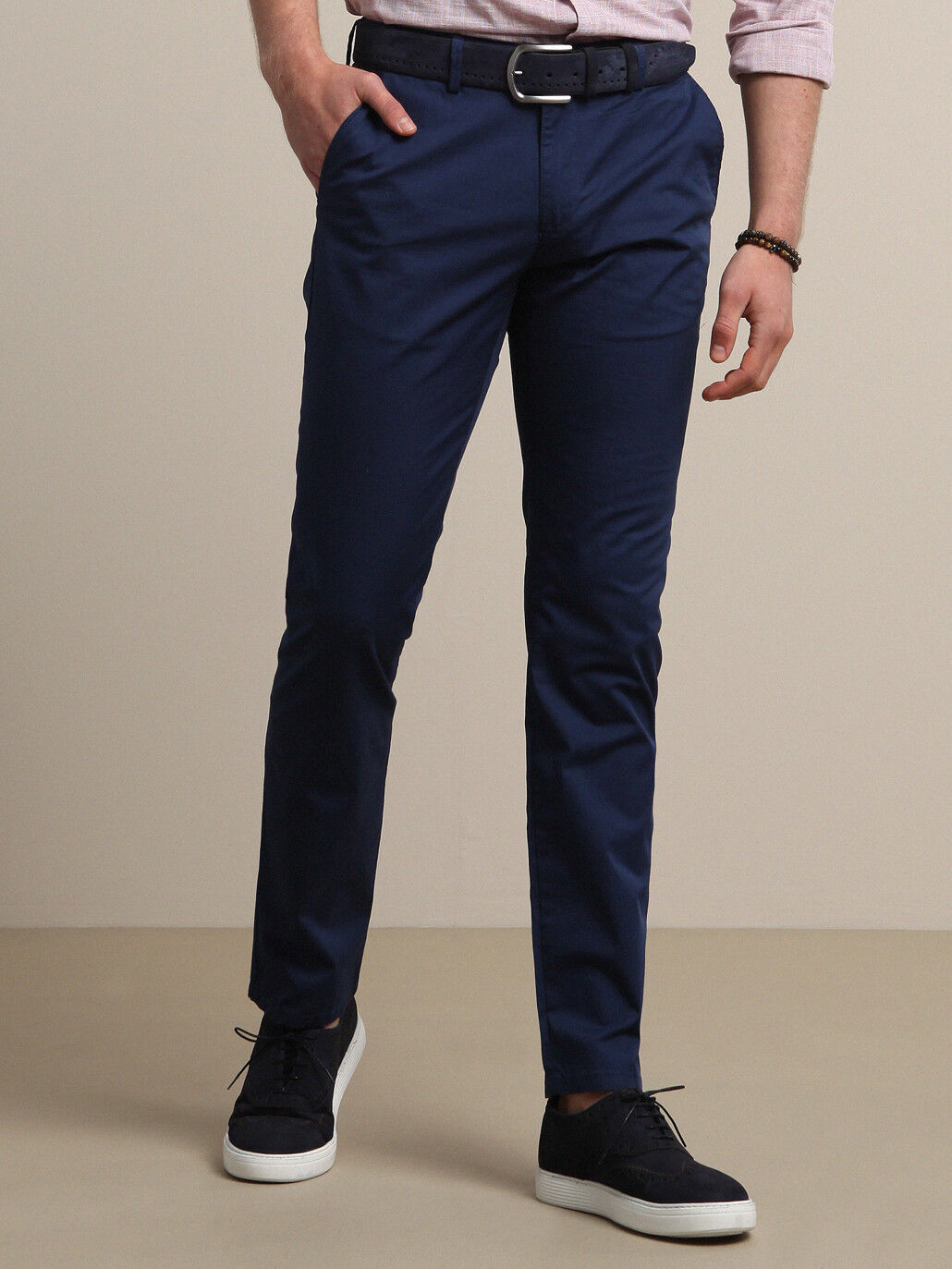 Gece Mavisi Düz Dokuma Regular Fit Casual Pamuk Karışımlı Pantolon