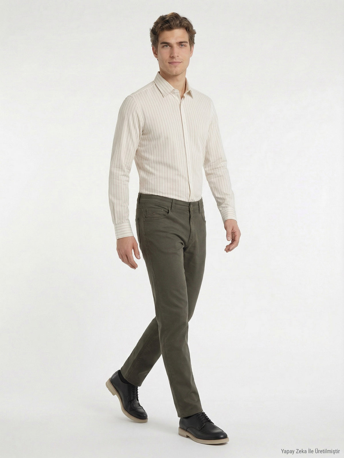 Haki Düz Dokuma Slim Fit Casual Pamuk Karışımlı Pantolon
