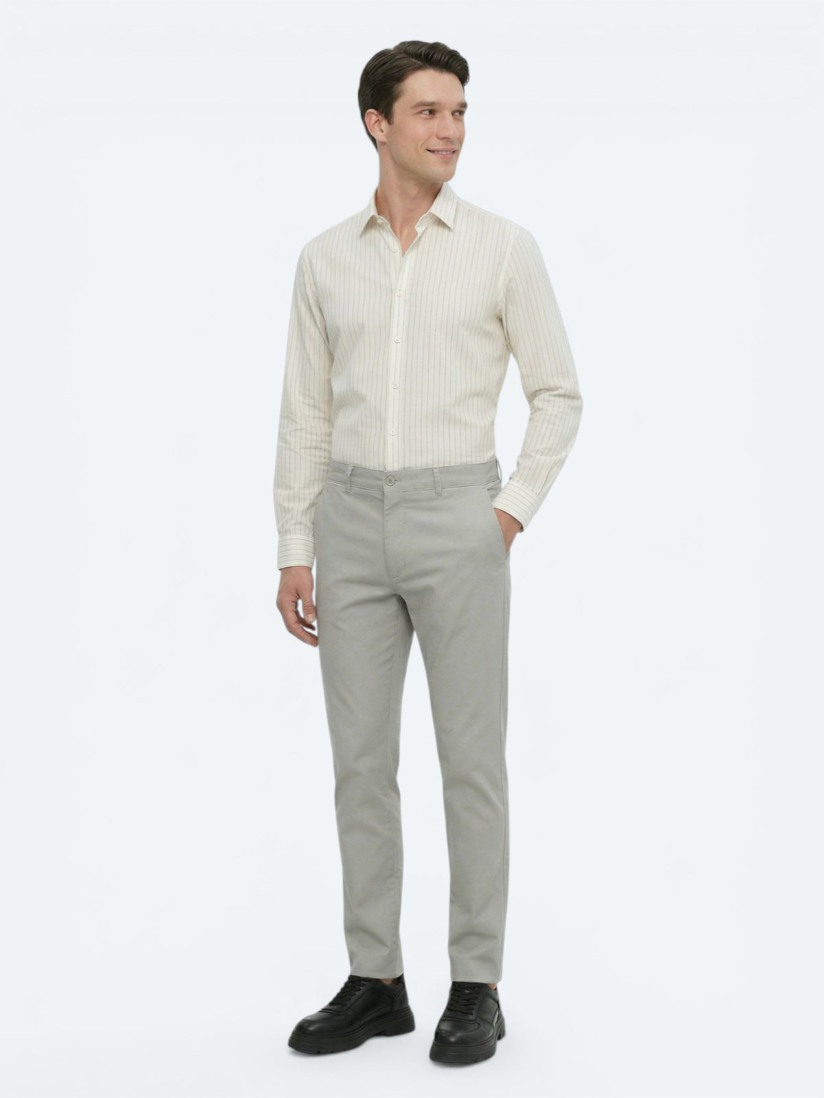 Açık Haki Düz Dokuma Slim Fit Casual Pamuk Karışımlı Pantolon