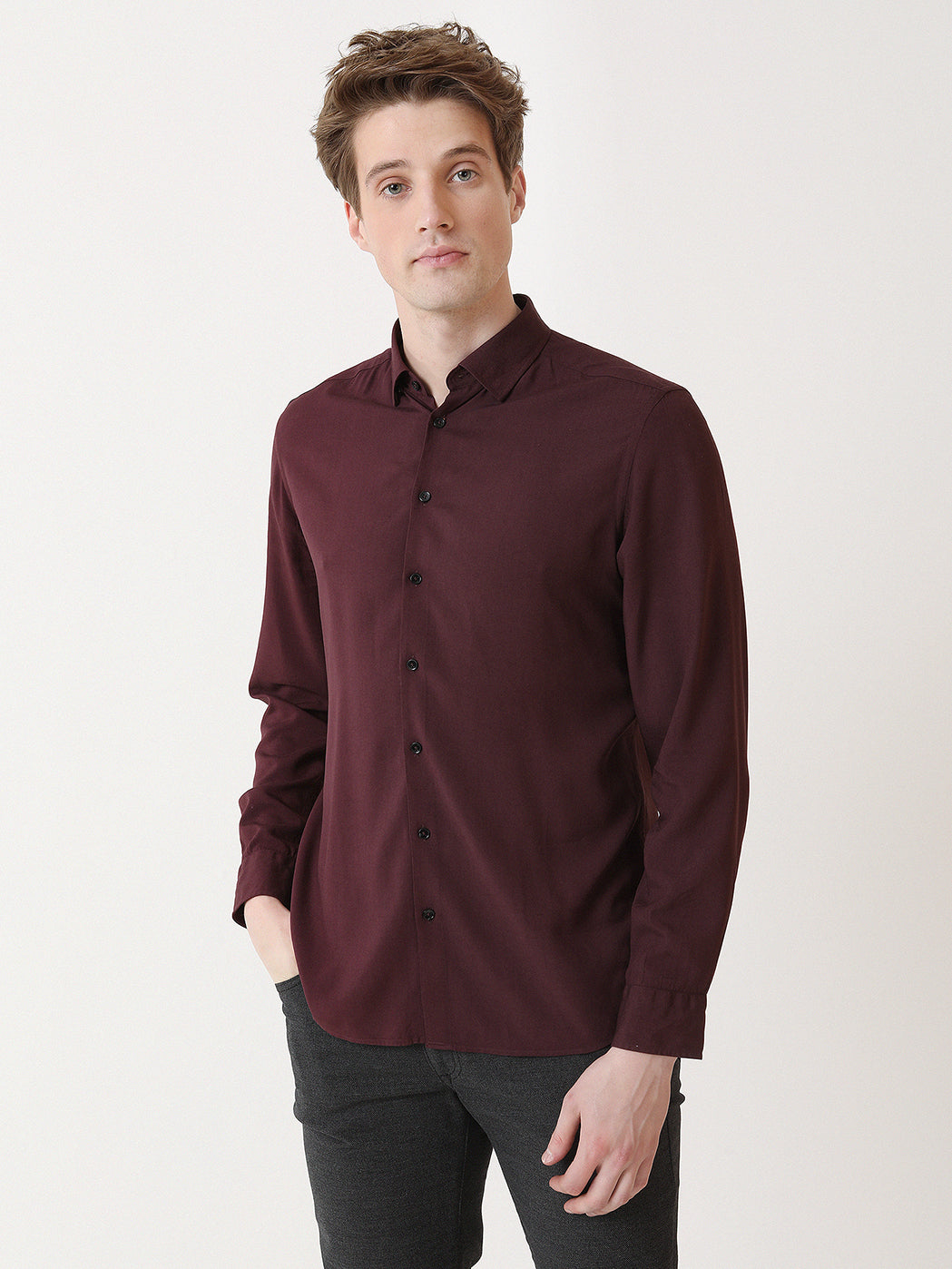Bordo Düz Slim Fit Uzun Dokuma Casual Gömlek