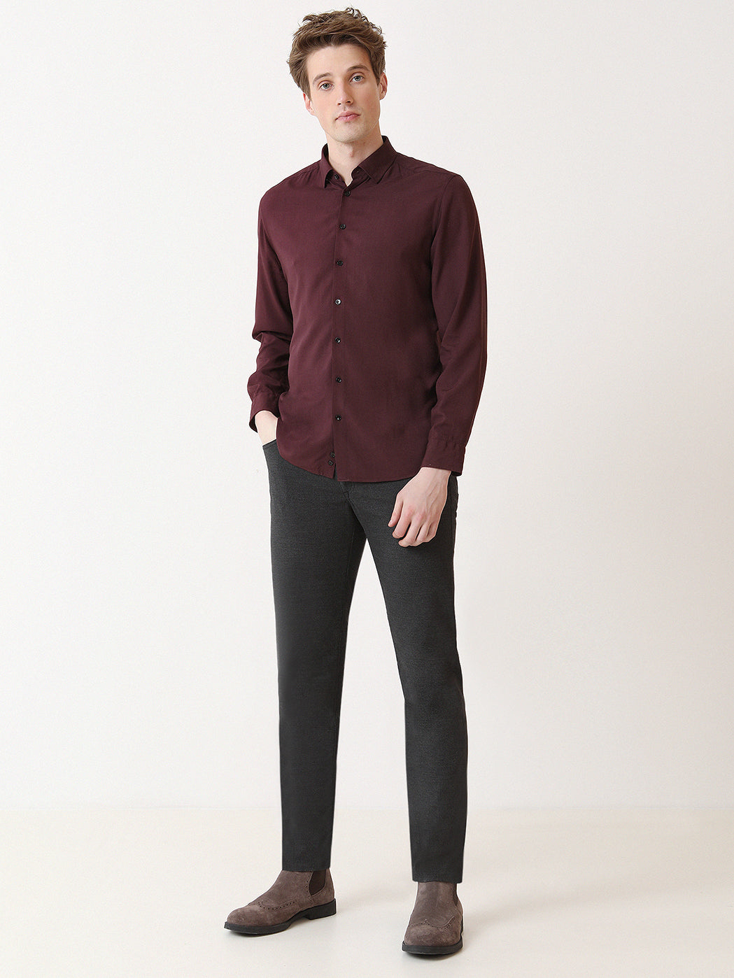 Bordo Düz Slim Fit Uzun Dokuma Casual Gömlek