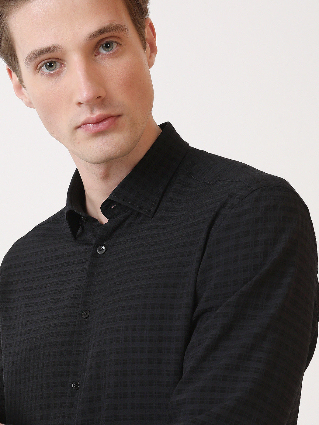 Siyah Kareli Slim Fit Uzun Dokuma Casual Gömlek