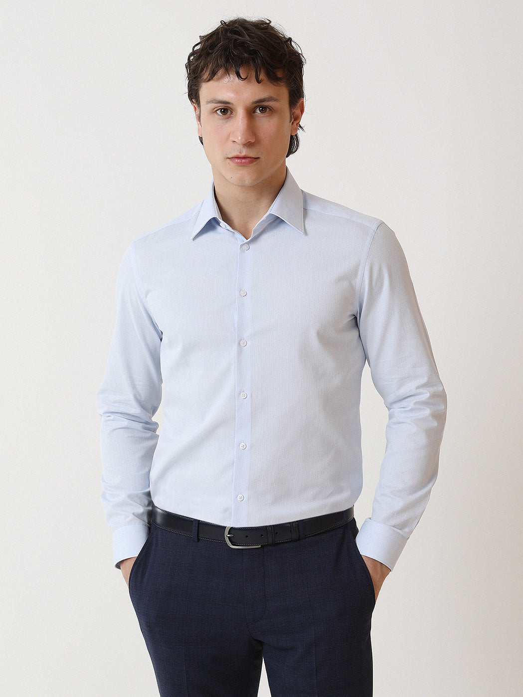 Mavi Düz Slim Fit Uzun Dokuma Klasik %100 Pamuk Gömlek