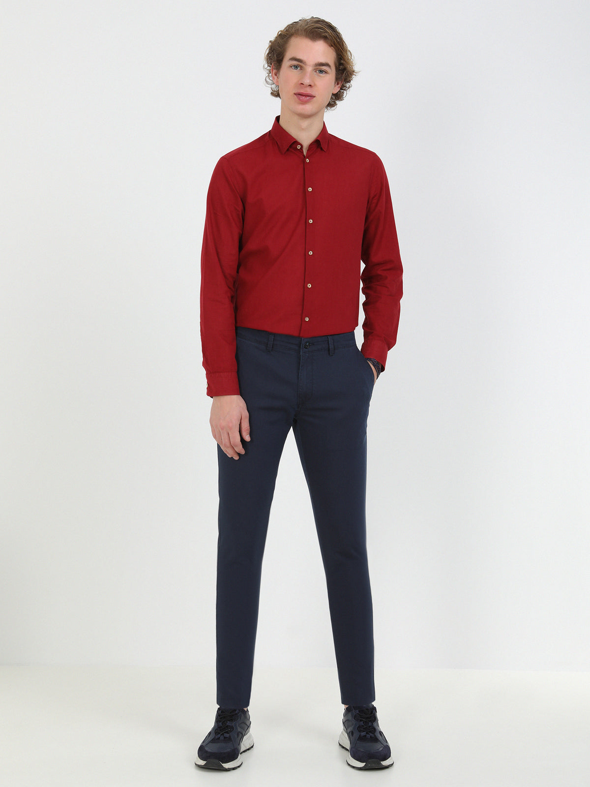 Lacivert Dokuma Slim Fit Casual Pamuk Karışımlı Pantolon