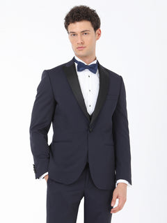 Lacivert Düz Slim Fit Demonte Yaka Dokuma Yelekli Smokin Takım Elbise