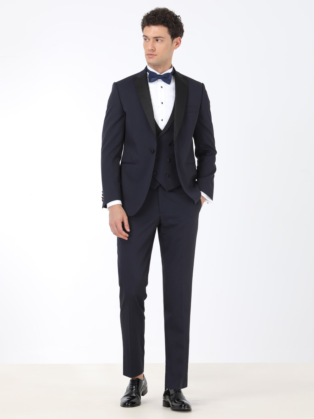 Lacivert Düz Slim Fit Demonte Yaka Dokuma Yelekli Smokin Takım Elbise