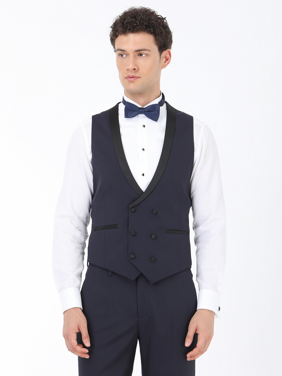 Lacivert Düz Slim Fit Demonte Yaka Dokuma Yelekli Smokin Takım Elbise