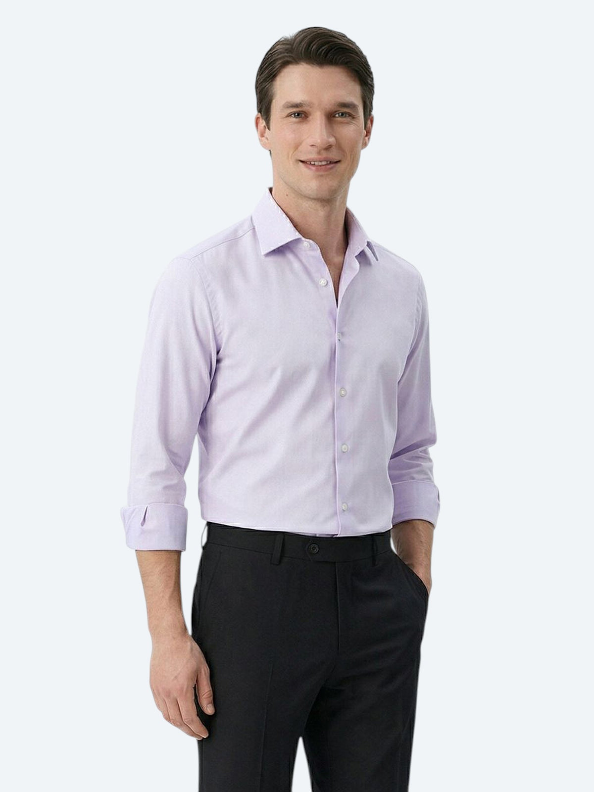 Lila Düz Slim Fit Uzun Dokuma Klasik %100 Pamuk Gömlek