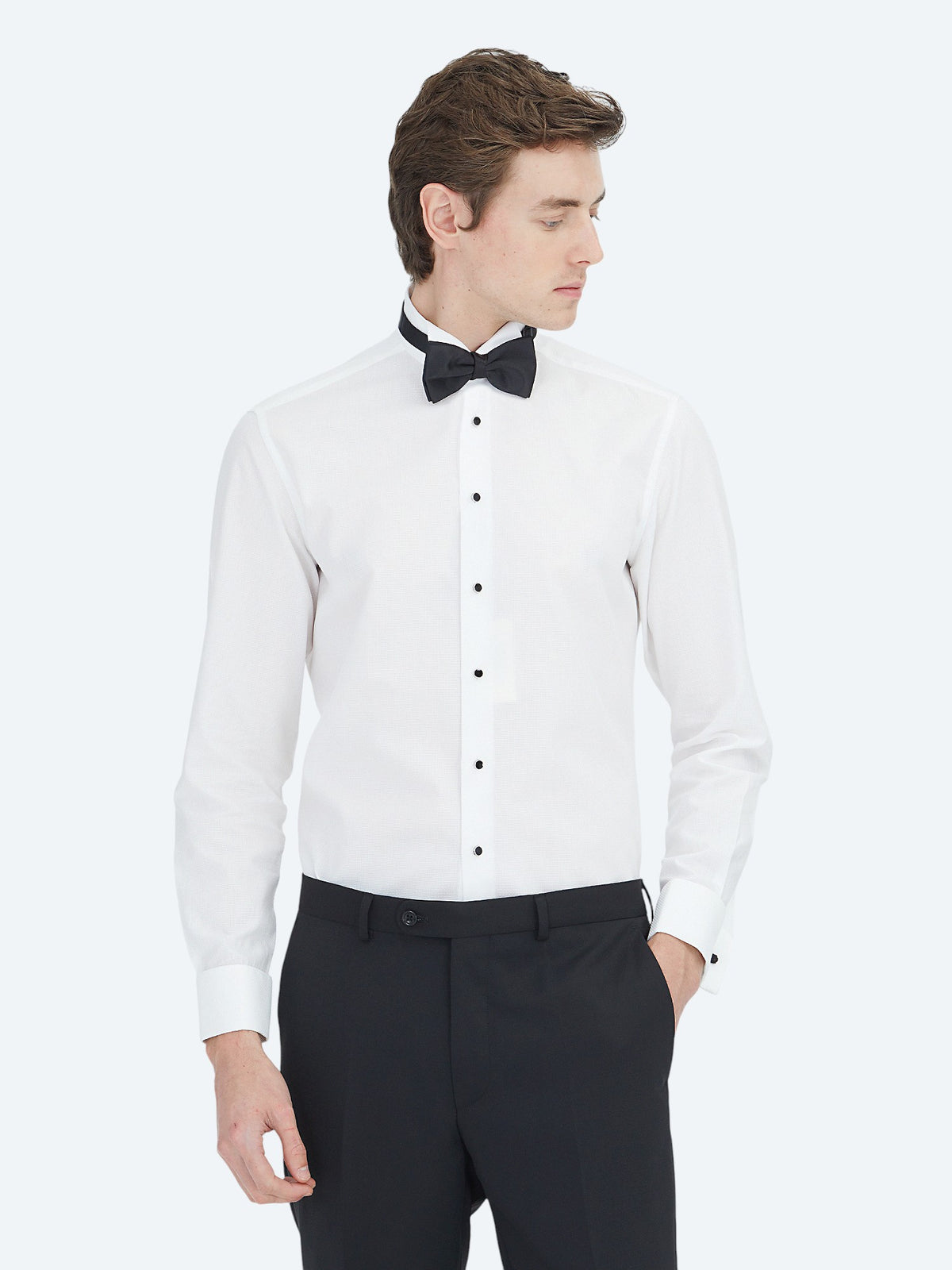 Beyaz Düz Slim Fit Duble Manşet Ata Yaka Smokin Gömlek