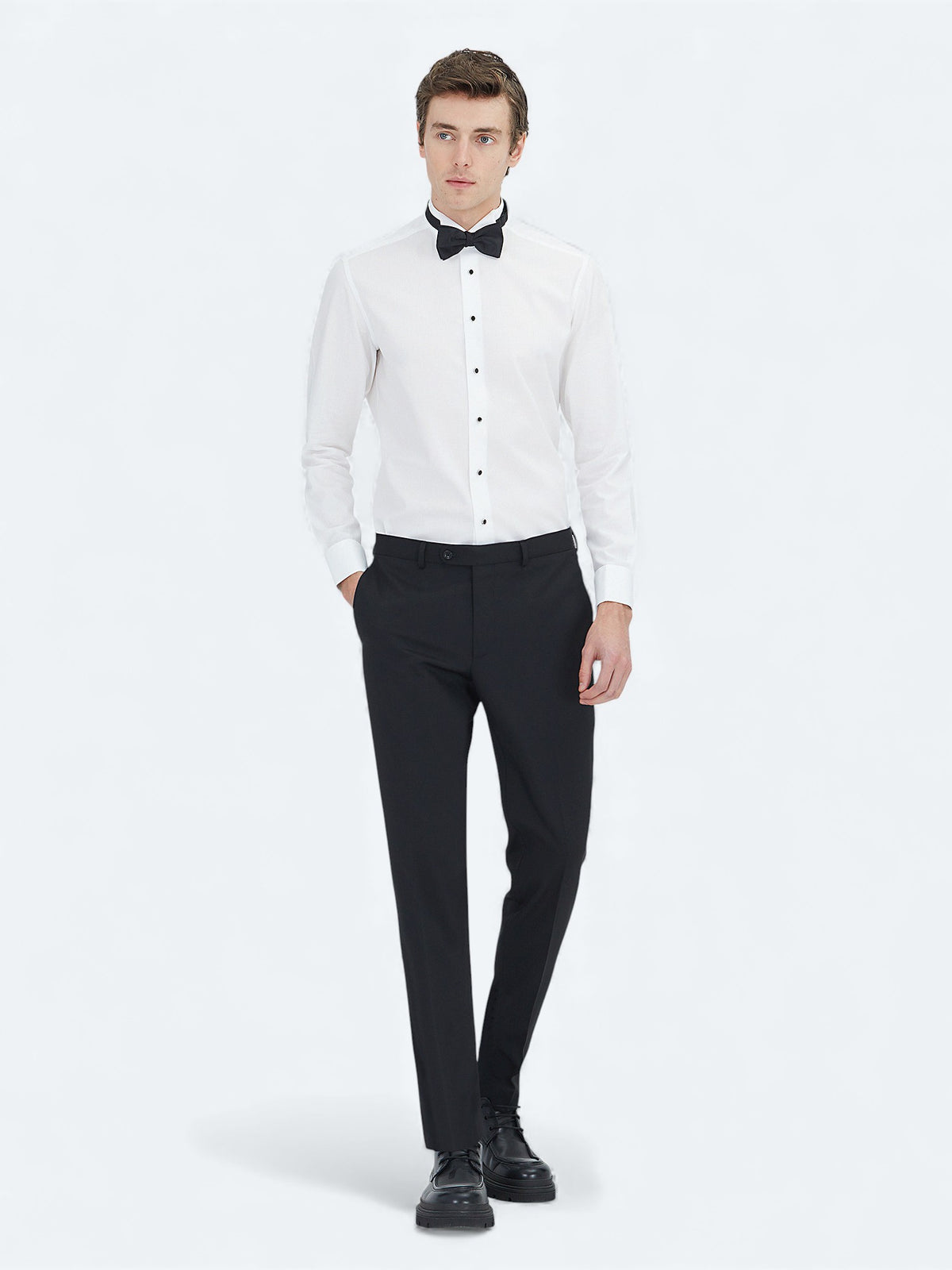 Beyaz Düz Slim Fit Duble Manşet Ata Yaka Smokin Gömlek