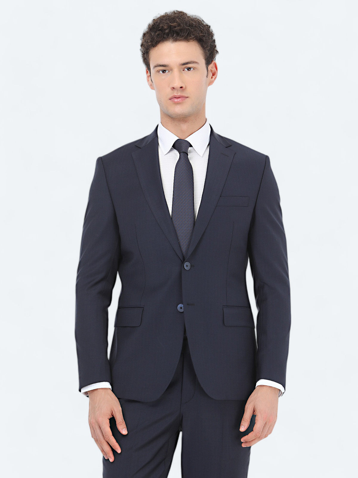 Lacivert Desenli Modern Fit Yün Karışımlı Takım Elbise
