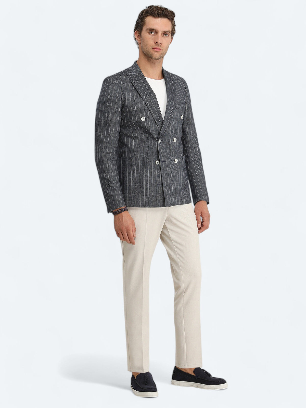 İndigo Çizgili Slim Fit Keten Karışımlı Ceket