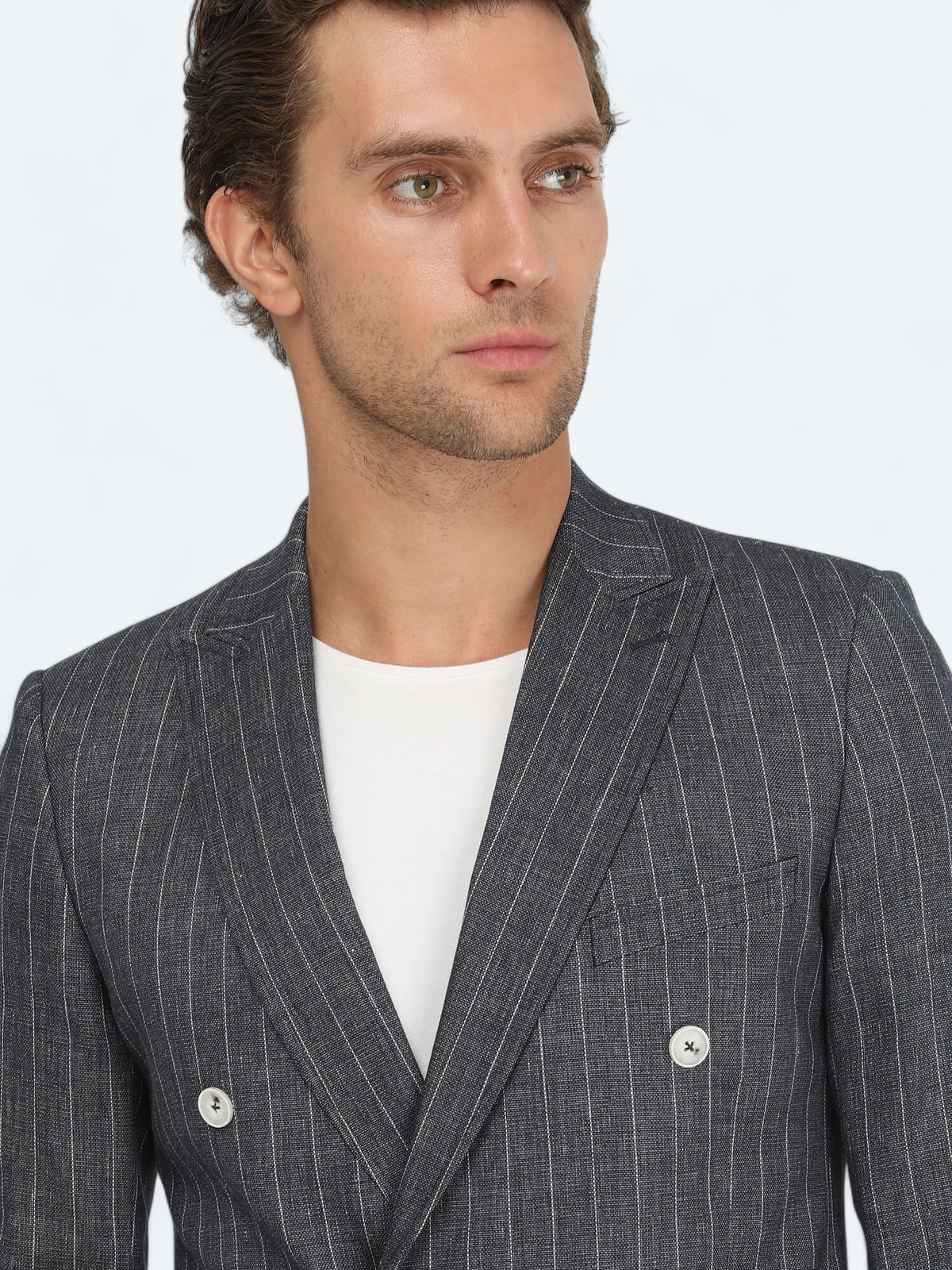 İndigo Çizgili Slim Fit Keten Karışımlı Ceket