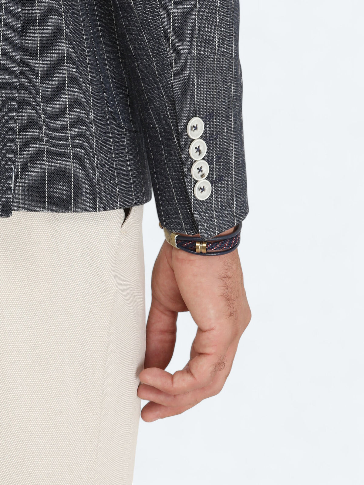 İndigo Çizgili Slim Fit Keten Karışımlı Ceket