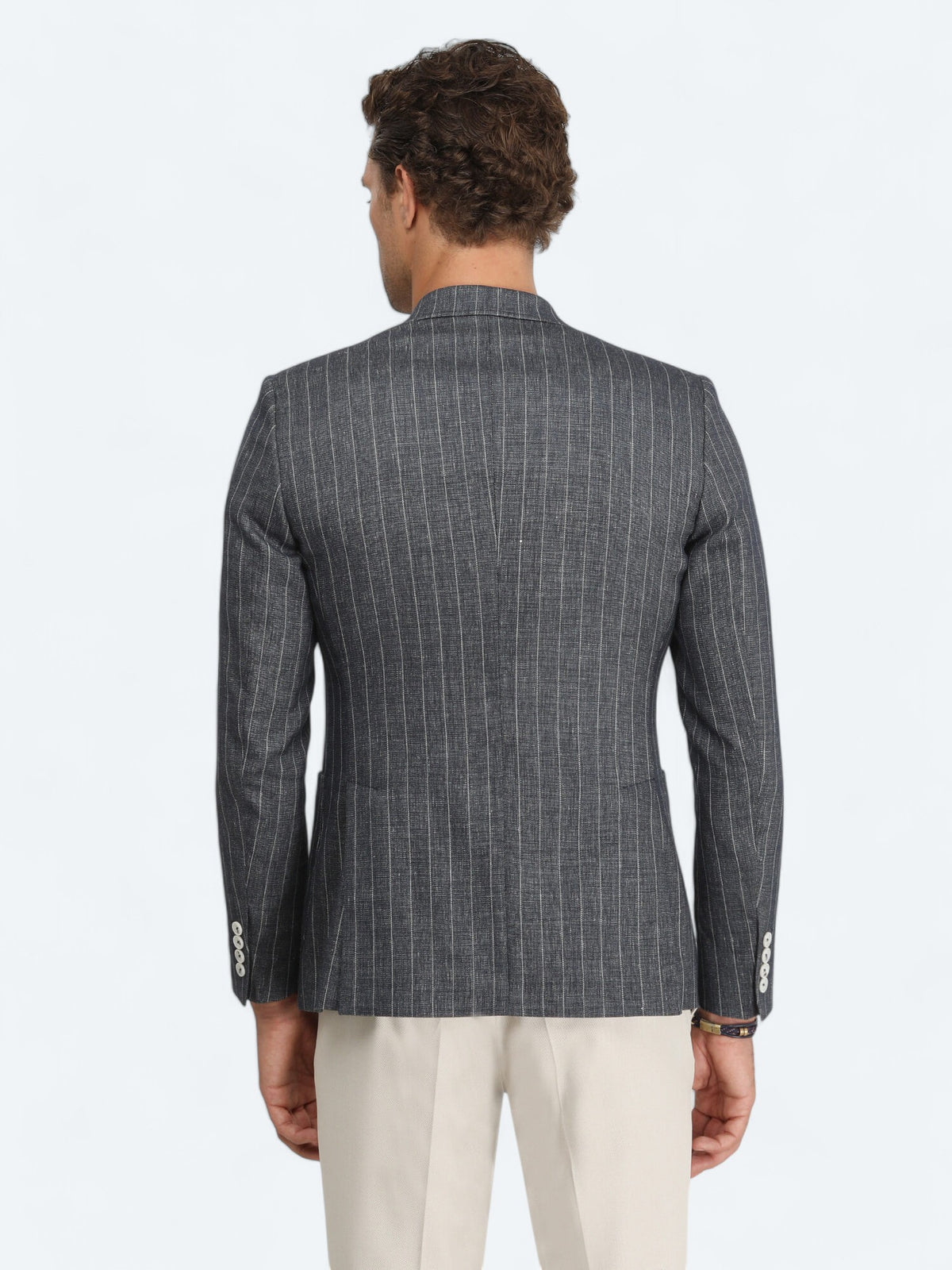 İndigo Çizgili Slim Fit Keten Karışımlı Ceket