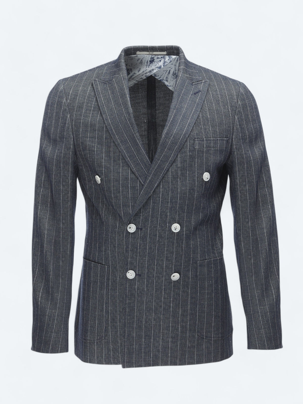 İndigo Çizgili Slim Fit Keten Karışımlı Ceket