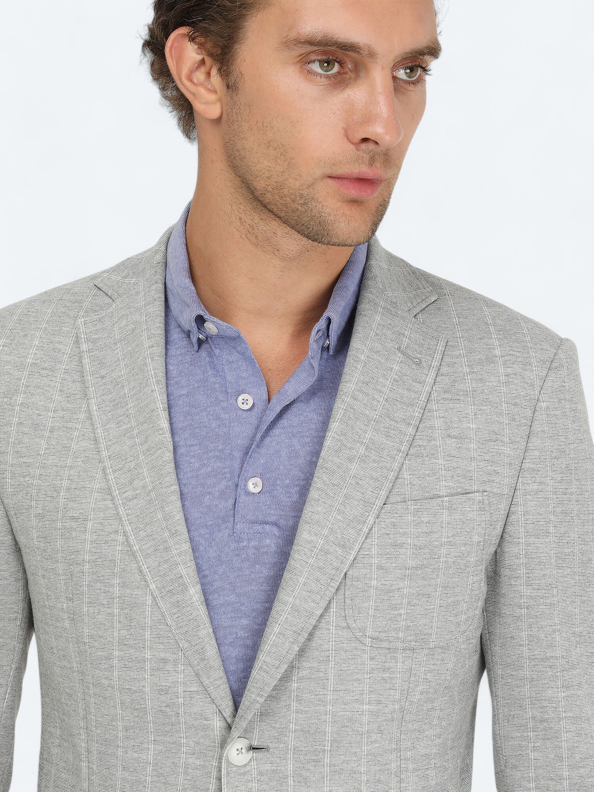Gri Çizgili Modern Fit Örme Ceket
