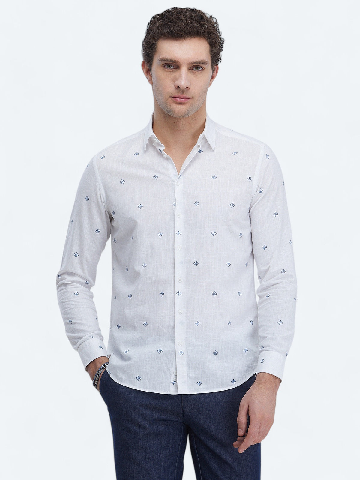 Mavi Baskılı Regular Fit Uzun Dokuma Casual %100 Pamuk Gömlek