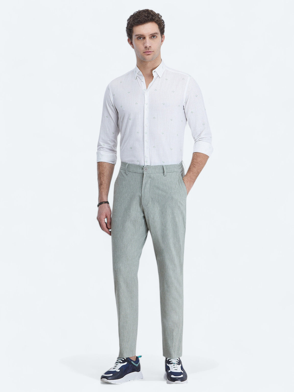 Nil Yeşili Baskılı Regular Fit Uzun Dokuma Casual %100 Pamuk Gömlek