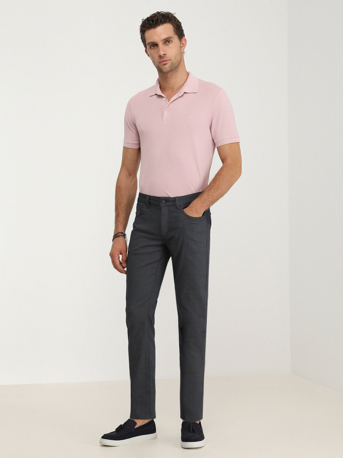 Lacivert Dokuma Slim Fit Casual Pamuk Karışımlı Pantolon