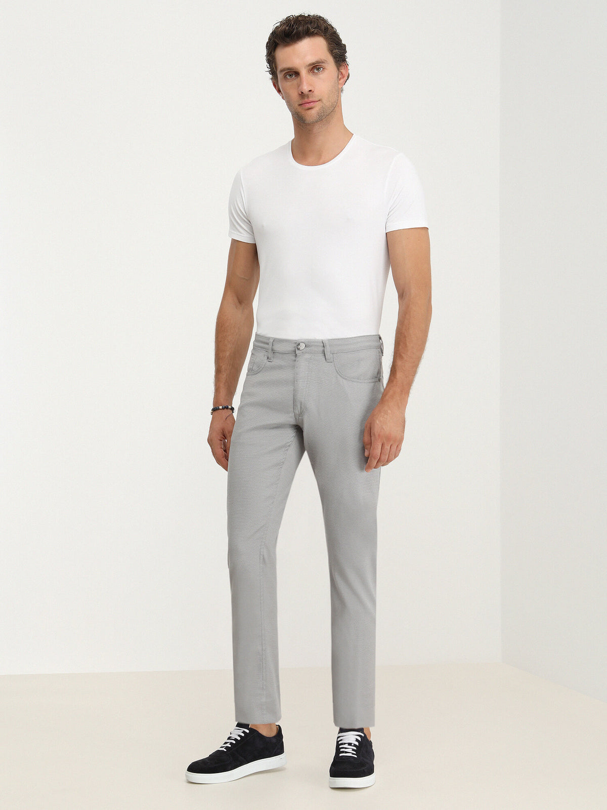 Gri Dokuma Slim Fit Casual Pamuk Karışımlı Pantolon