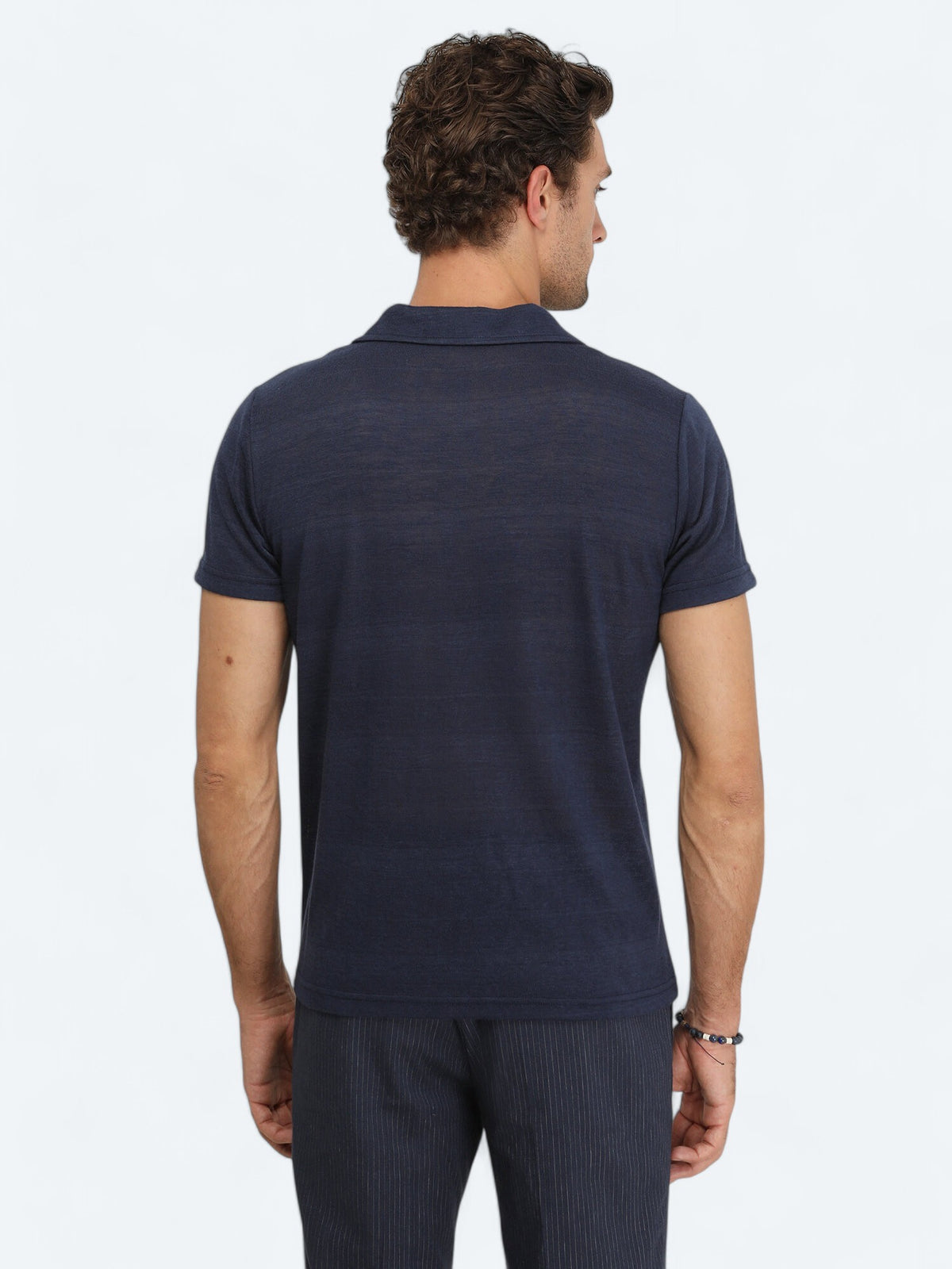 Lacivert Düz Küba Yaka Pamuk Karışımlı T-Shirt