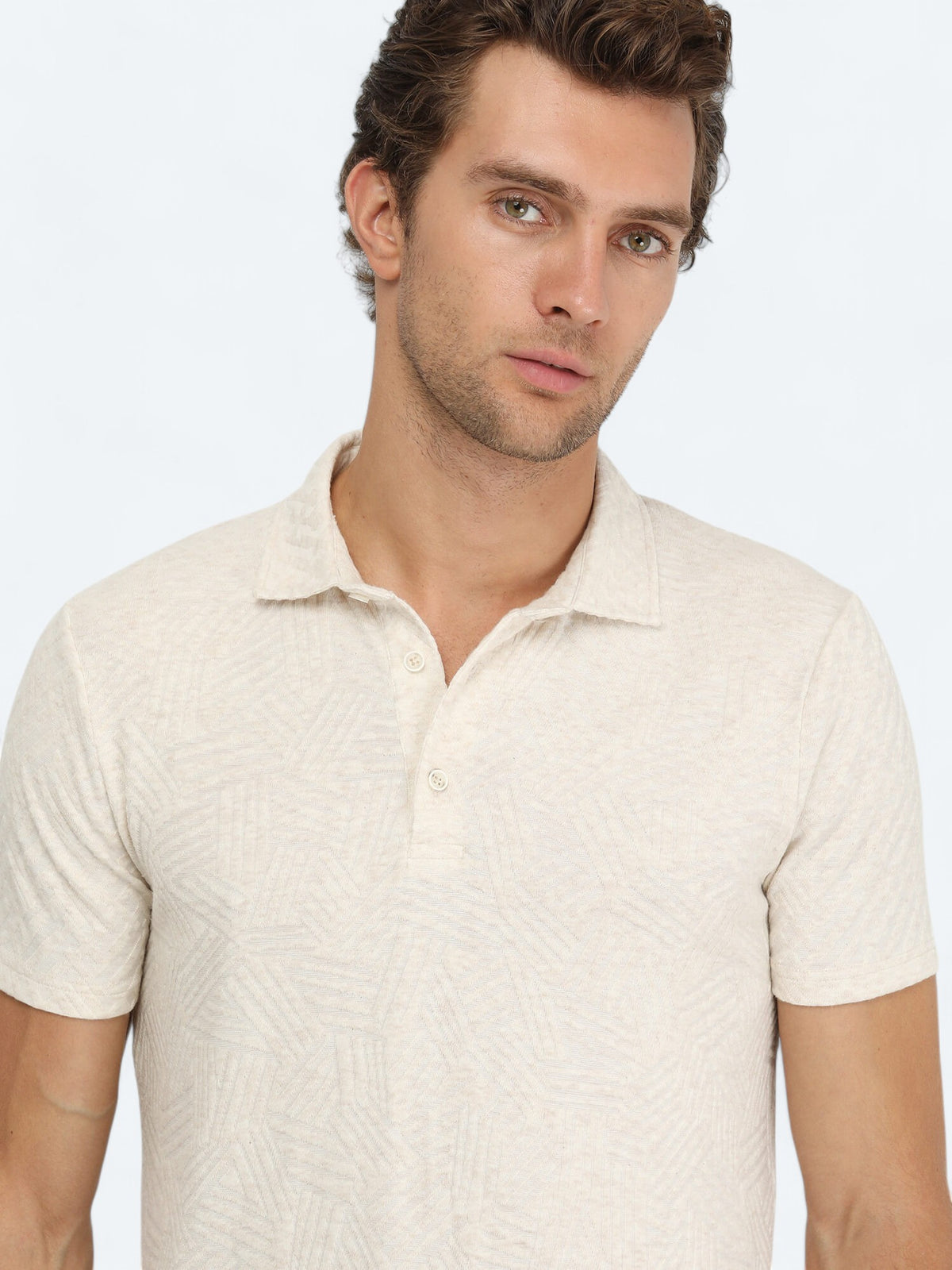 Ekru Jakarlı Polo Yaka Pamuk Karışımlı T-Shirt