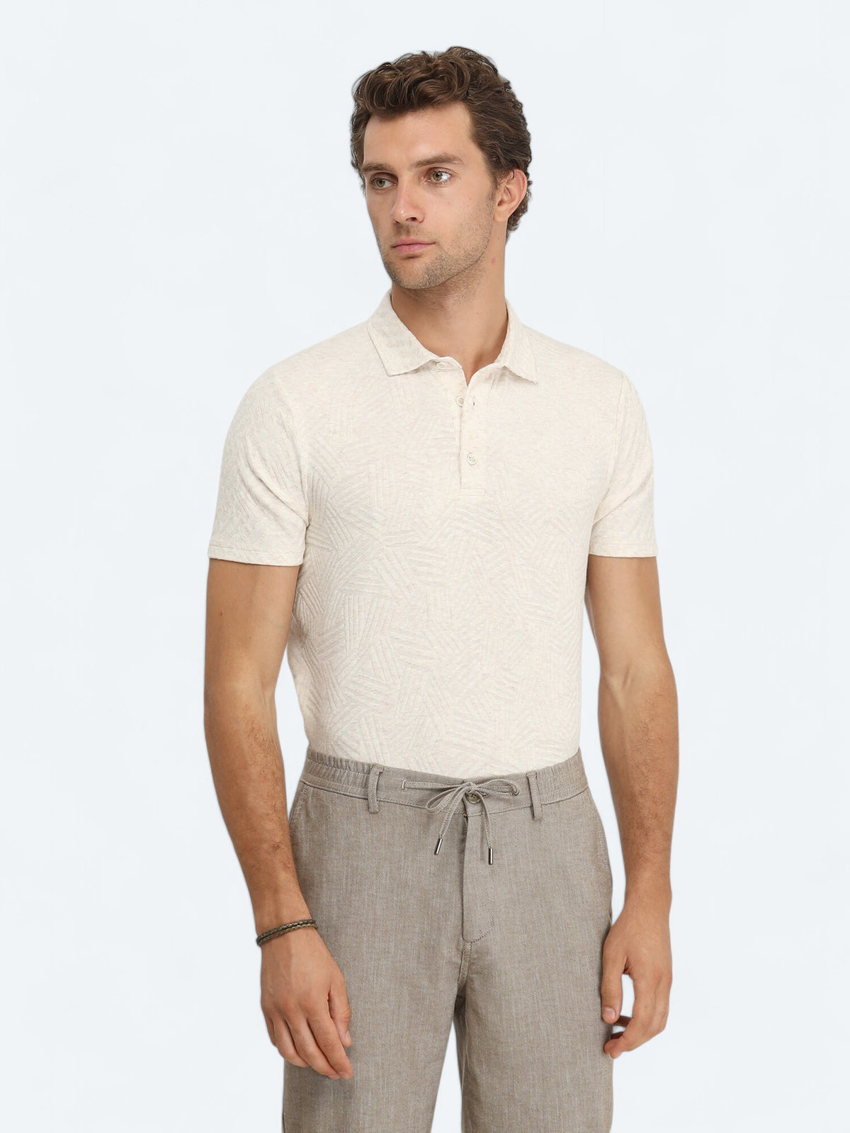 Ekru Jakarlı Polo Yaka Pamuk Karışımlı T-Shirt