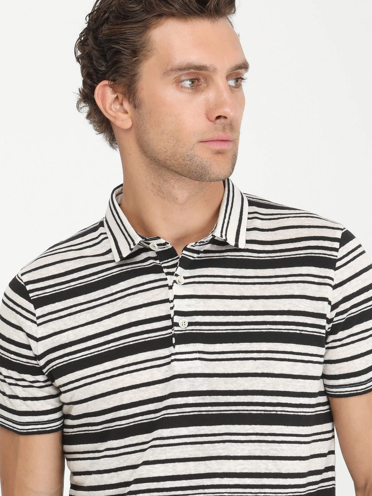 Siyah Çizgili Polo Yaka Keten Karışımlı T-Shirt