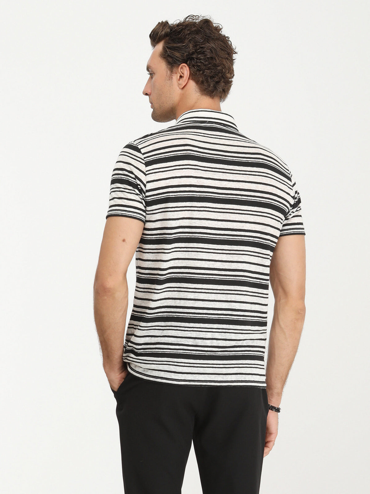 Siyah Çizgili Polo Yaka Keten Karışımlı T-Shirt