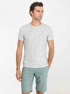 Koyu Mint Baskılı Bisiklet Yaka Pamuk Karışımlı T-Shirt