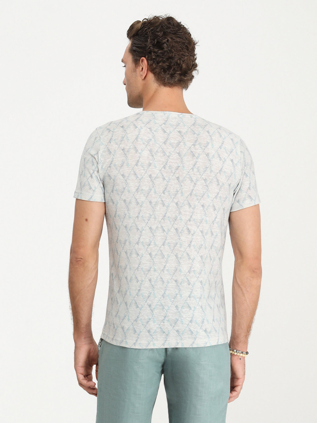 Koyu Mint Baskılı Bisiklet Yaka Pamuk Karışımlı T-Shirt