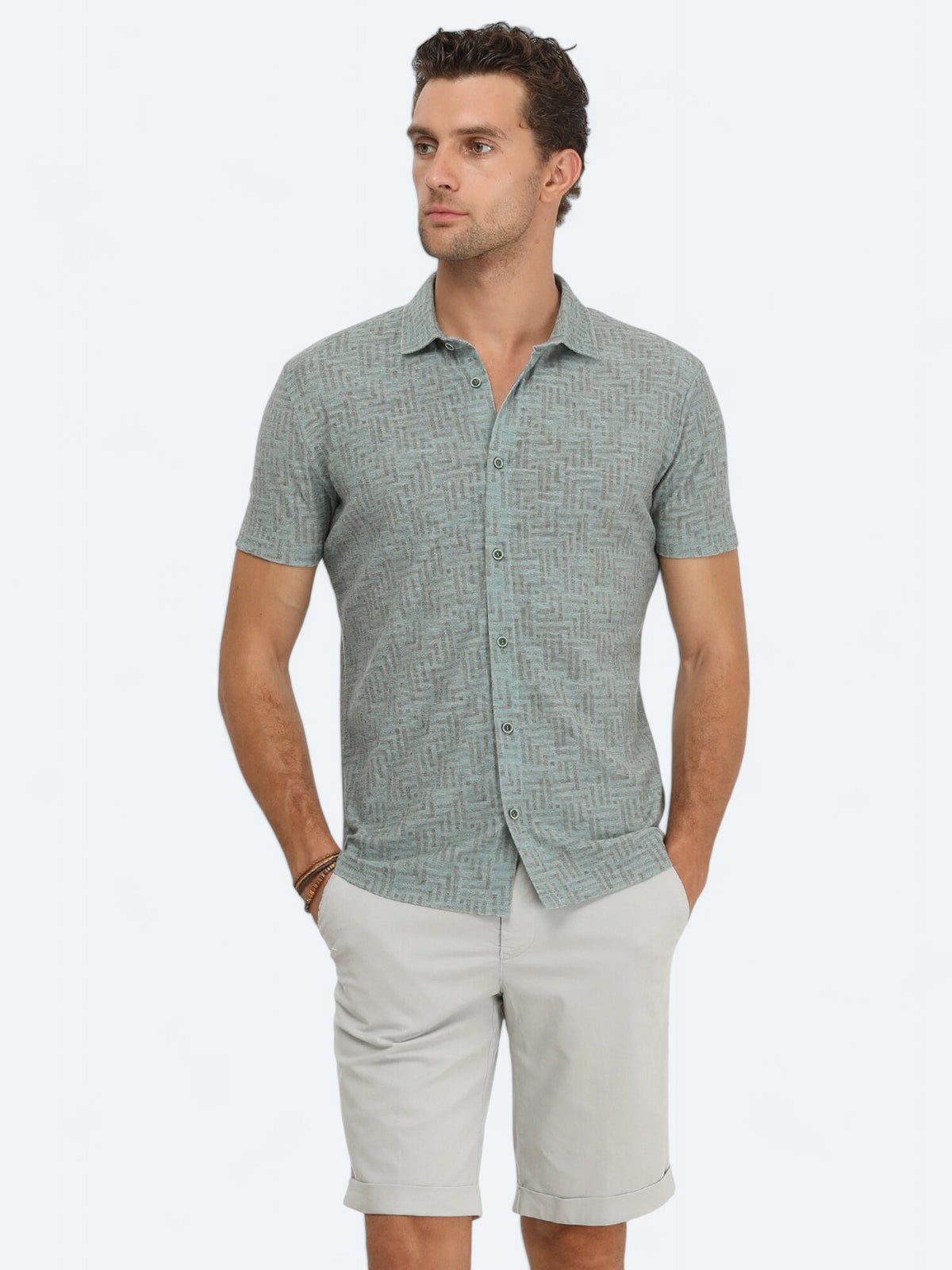 Koyu Yeşil Baskılı Regular Fit Kısa Casual Keten Karışımlı Gömlek