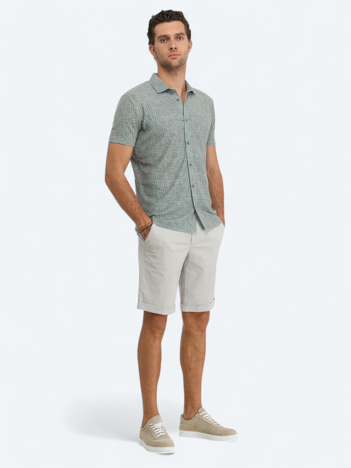 Koyu Yeşil Baskılı Regular Fit Kısa Casual Keten Karışımlı Gömlek